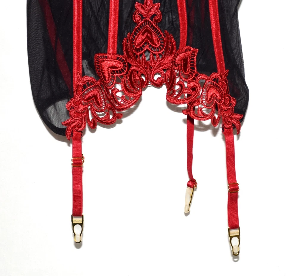 Dreamgirl 透明黑色红色心形装饰带 Garters 紧身胸衣 36 码全新无标签 — 第 3/4 张图片