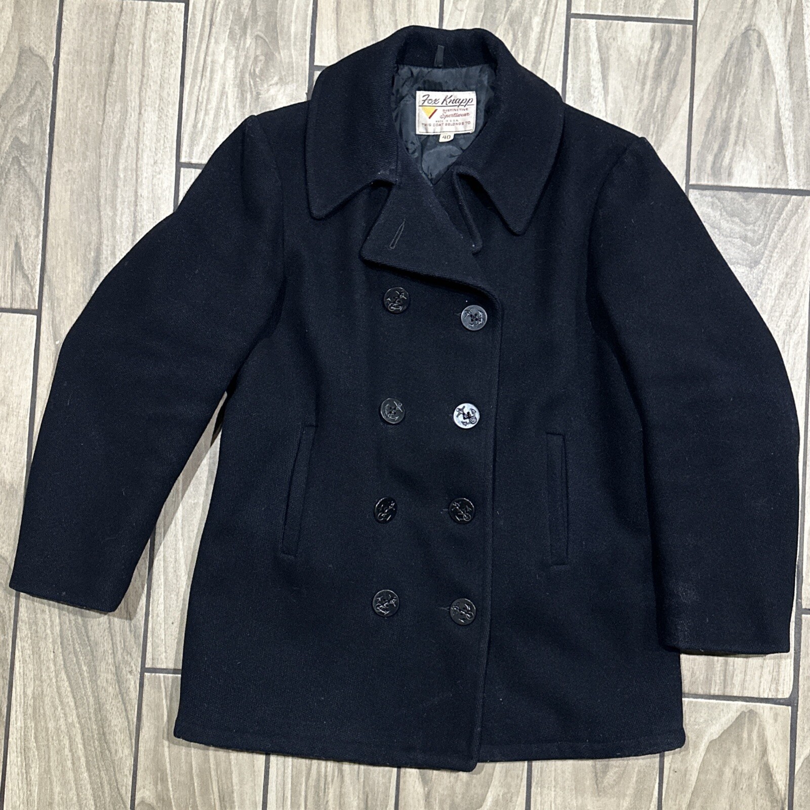 Vintage Fox Knapp Coat Size 40 Navy Pea Double Breasted Naval 503 Wool Union