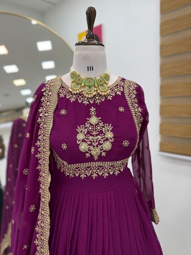 Stylish Latest Faux Georgette Wine Gown With Dupatta For Women Festival Wear - Picture 3 of 9