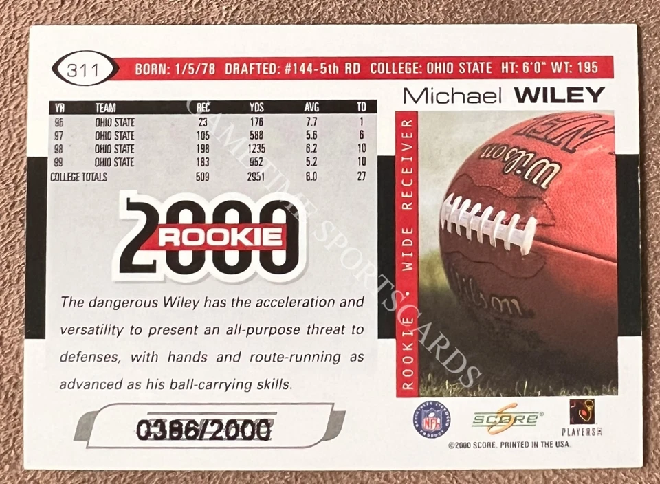Michael Wiley 2000 Score Scorecard Rookie #311 /2000 Numbered Parallel Ohio St - Image 2 of 2