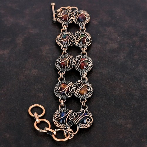 Faceted Ammolite & Copper Bracelet Designer Gemstone Adjustable Chain Bracelet s - Picture 1 of 6