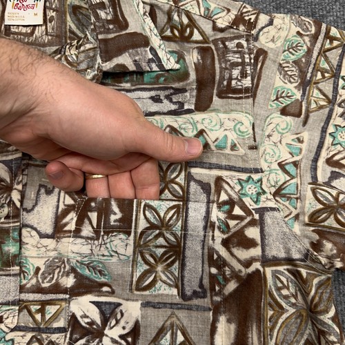 Go Barefoot Hawaiian Shirt Mens M Brown Green Geometric Popover Button Up - Picture 3 of 8