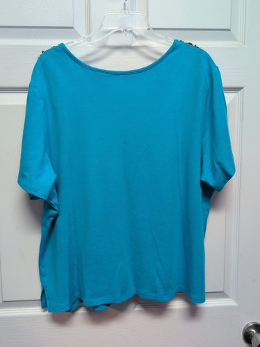Beaded Women Top Size XL Turquoise Short Sleeve Stretchy Bling - Picture 4 of 4