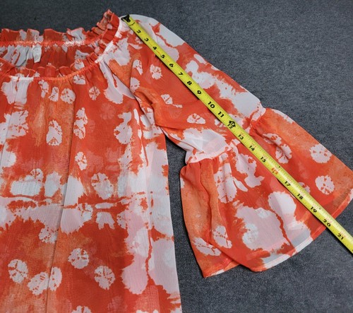 Forgotten Grace Sheer Orange & White Tie Dye Bell Sleeve Hi Lo Tunic Top Sz: MED - Picture 6 of 8