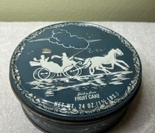 Blue White Horses Pulling Carriage Vintage Shirley Jean Fruit Cake Tin