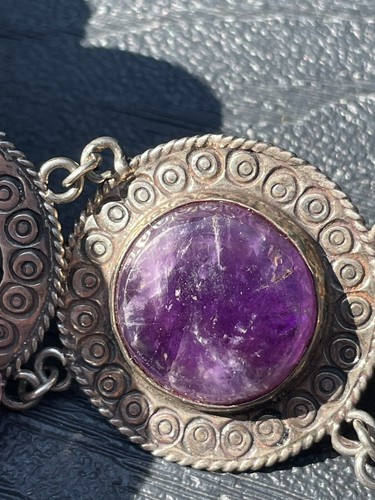 Vtg Jose Anton Taxco Sterling Bracelet Amethyst Cabochons Mexico Aztec God - Picture 9 of 11