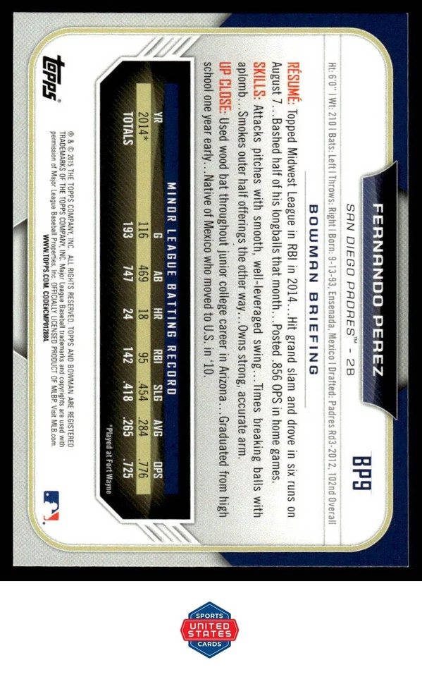 2015 Bowman #BP9 Fernando Perez Prospects Yellow - Image 2 of 2