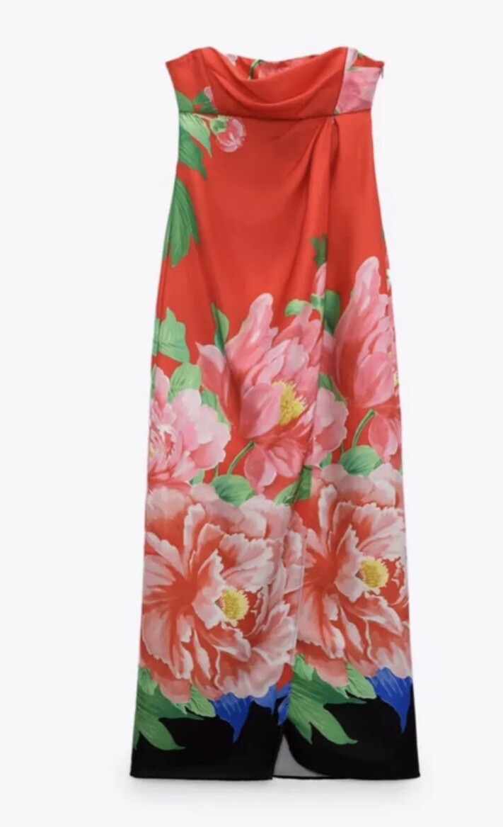 Zara Strapless Red Vibrant Floral Maxi Satin Dress