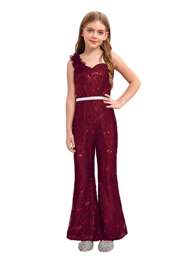 Girls One Shoulder Jumpsuit Sequin Sleeveless Flare Leg Long Romper High Waist - Picture 15 of 74
