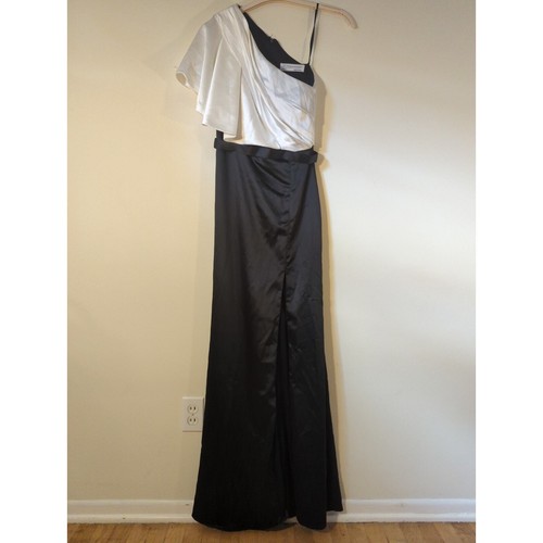 Robe formelle neuve Mac Duggal noir blanc satin deux tons une épaule fendue taille 0 - Photo 3 sur 7