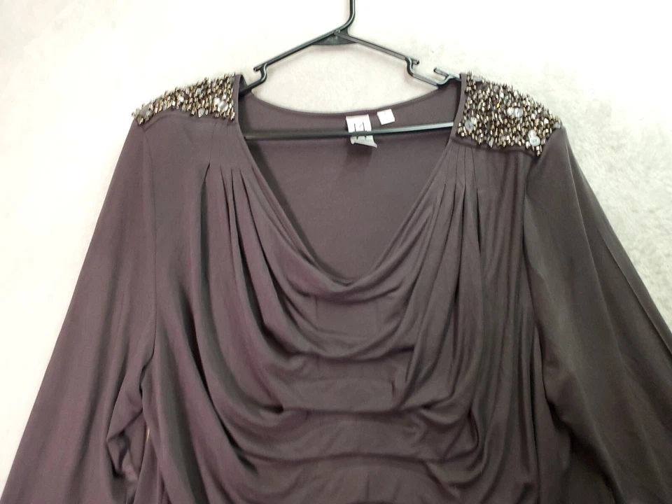 Blusa Top Mujer Marc Bouwer 1X Gris Rayón Mangas Largas Capucha Cuello Cuentas Plisado Foto 4 de 4