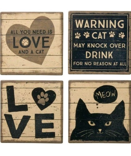 Primitives by Kathy Cat Coasters NEW Set of 4 w/ Holder Absorbent 4x4 Stone Cork - Picture 1 of 6