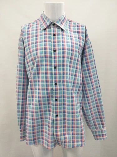Alan Flusser Purple Pink Green Check Square Button Front Casual Shirt Size XXL