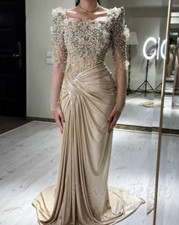Elegant Beaded Evening Dress Long Sleeves 3D Floral Appliques Ruched Champagne