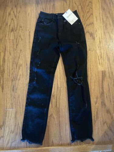 NWT Special A Jeans Womens Size 1 Distressed Ankle Skinny Raw Black Jeans