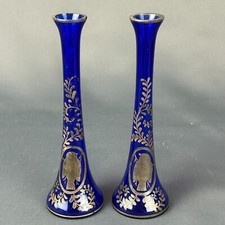 Juego de 2 jarrones de vidrio Art Deco de Checoslovaquia superpuestos de plata azul cobalto 6"
