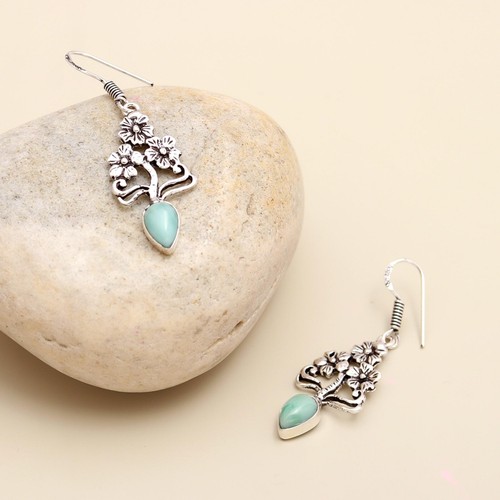 Pendiente de plata de ley 925 estilo árbol hecho a mano Larimar piedras preciosas joyería boho - Imagen 4 de 4