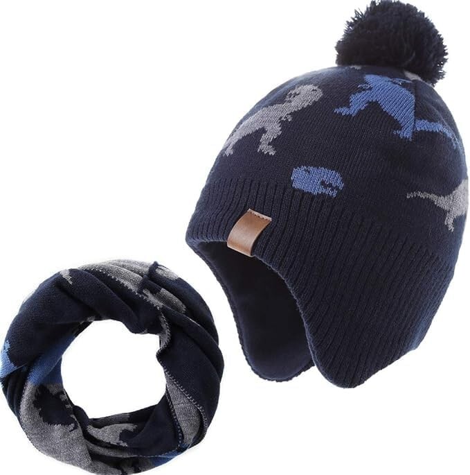 Boys Winter Dinosaur Bobble Hat Scarf Set Earflaps Fleece Lining Beanie 4-7Y