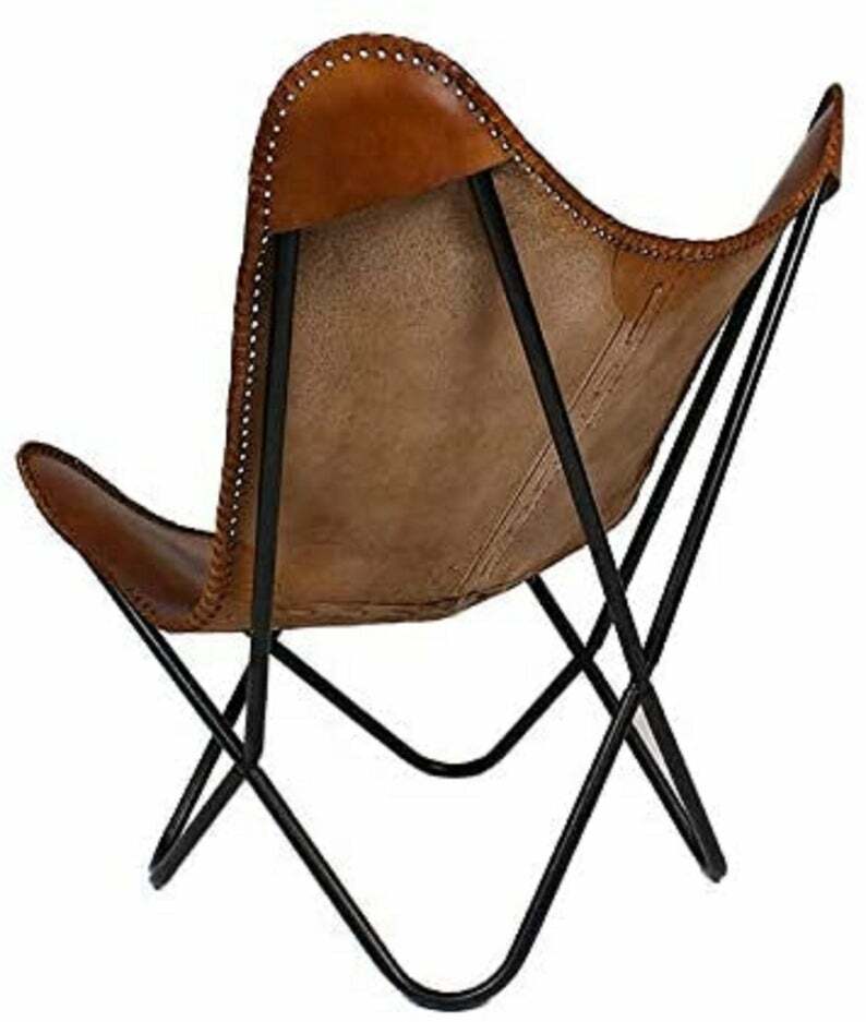 VidaXL Butterfly Chair Brown Real Leather Armchair Sleeper Chair Bedroom Seat P0644396
