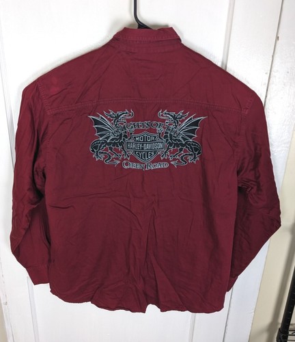 Vintage Harley Davidson Embroidered Dragon Knights Moto Shop Shirt Men L Biker