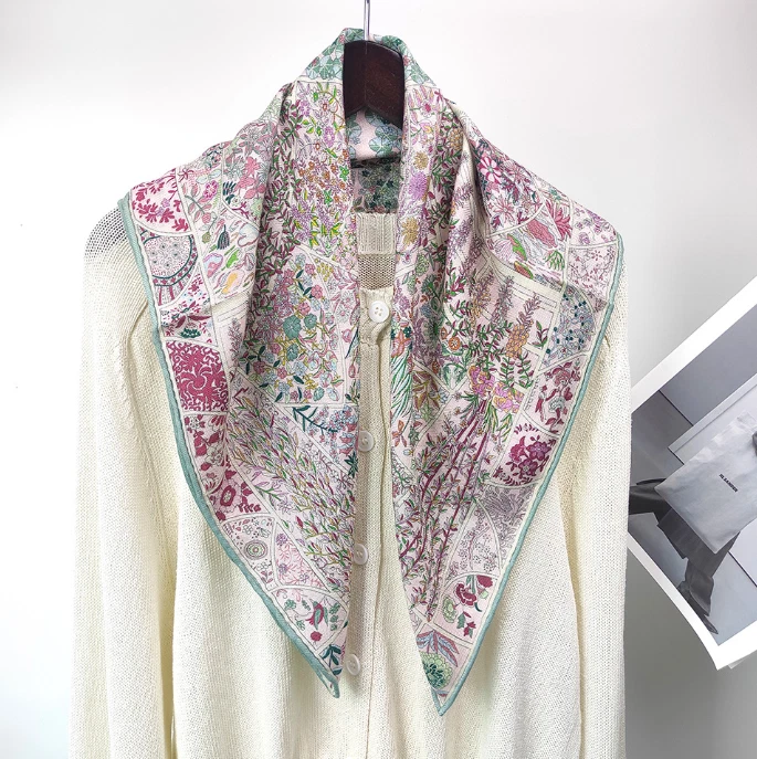 70% Cashmere 30% Silk Shawl 26'' floral Print Neckerchief Scarf Bandanna Wrap