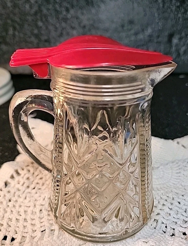 Vintage Decorative Cut Glass Syrup Dispenser Bottle with Red Leaf Top Lid - Image 2 of 3