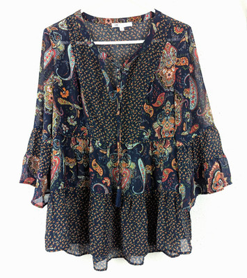 DR2 sz M Sheer Blouse dark blue multi color paisley print not lined top 1602