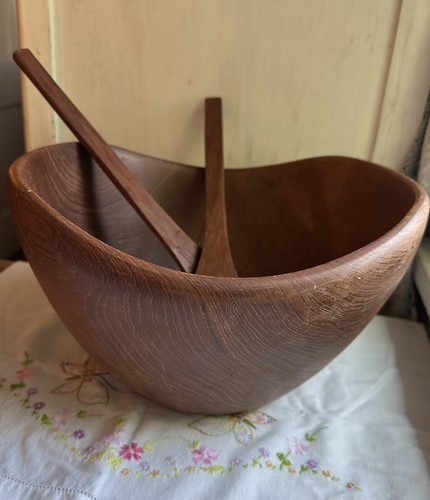 Vtg Teak Wood Salad Fruit Bread Serving Bowl Set 7 Piece Organic Shape Utensils - Picture 2 of 18