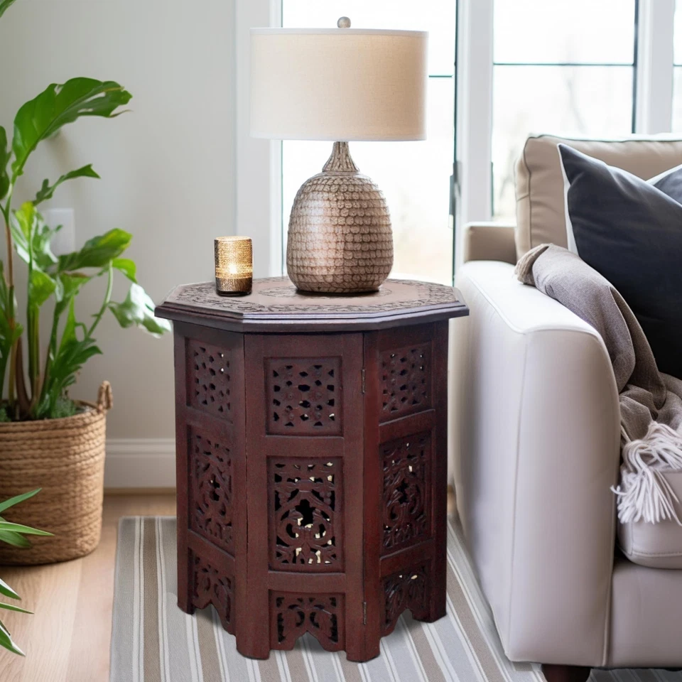 Solid Wood Accent End Table - Hand Carved Vintage Boho Folding Side Table - S... - Image 2 of 4