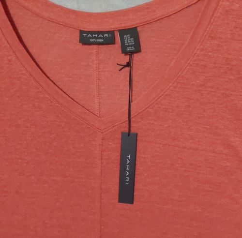 Tahari 100% Linen Coral Red Short Sleeve Tunic Top Rust V-Neck Women's Size 2X - Picture 3 of 10