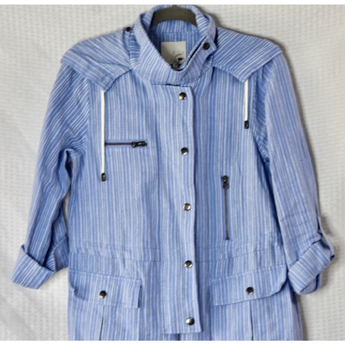 Joie Designer Blue Striped Anorak Barker Hooded Linen Jacket Blazer Size M - Picture 2 of 6