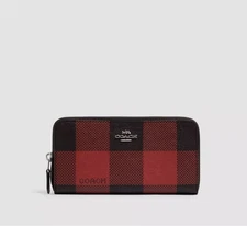 COACH Long Zip around Wallet Plaid Print In Canvas Leather Black/Red Holiday