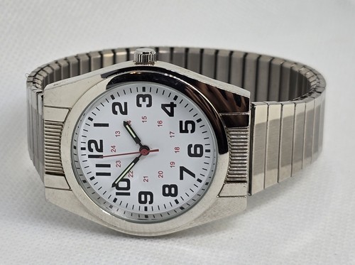 Men's FMD Round Big Face White 12 / 24 Dial Silver Tone Flex Band Watch 05 - Picture 6 of 8