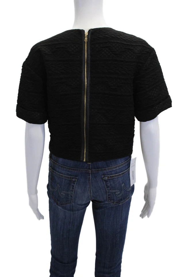 Blusa Top Alice + Olivia Mujer Cuero Texturizado Borde Manga Corta Negra Talla 6 Foto 3 de 4