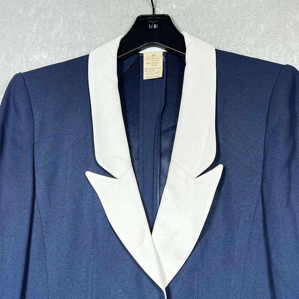 复古 Sonia Rykiel Paris Blazer 38 蓝色白色长袖纽扣夹克领 — 第 2/4 张图片
