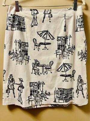 Talbots Paris Café Print Skirt Women's 12 Black White A-Line Stretch Y2K Cartoon