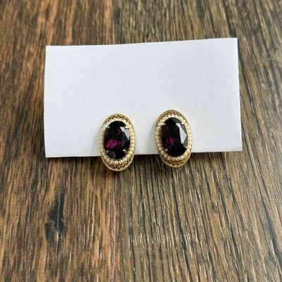 Accessocraft NYC Vintage Screwback Earrings Gold Tone Purple Stone Pearl Halo