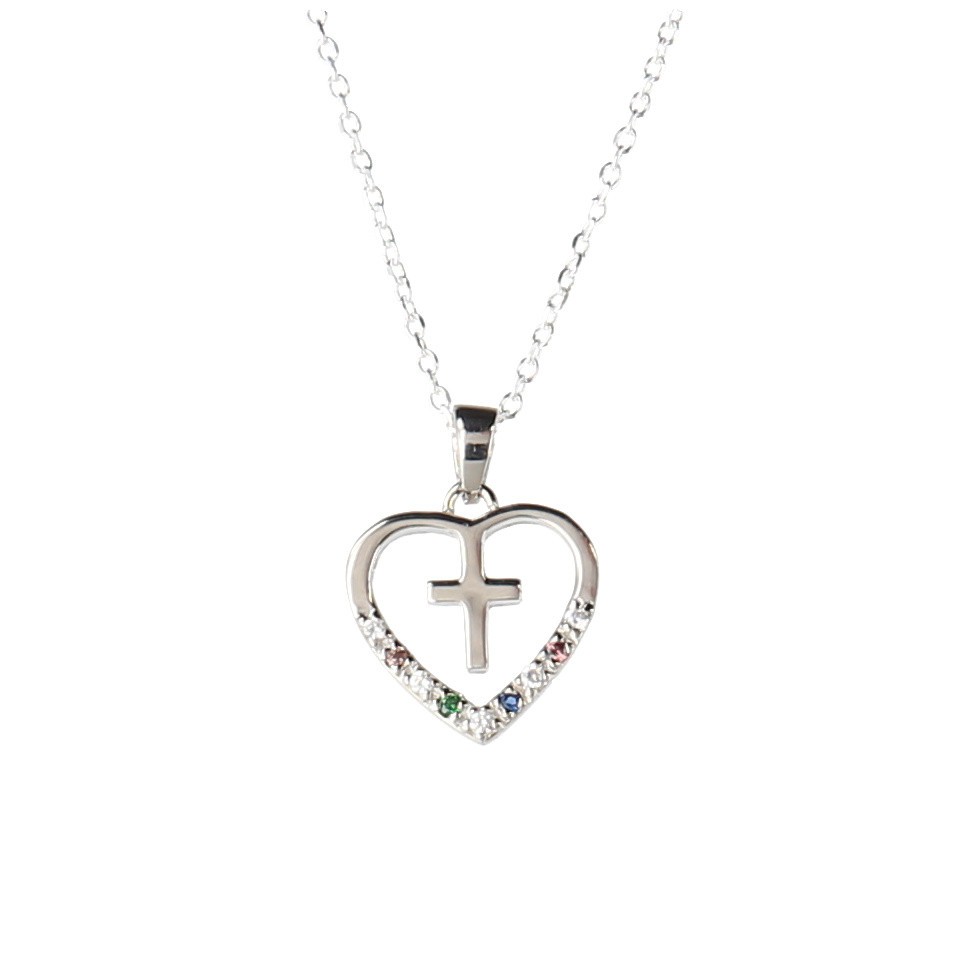 Collier coeur et croix en argent femme pendentif strass multicolore chaîne 45cm