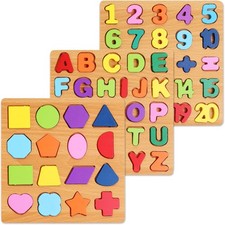 Alphabet Wooden Puzzles for Toddlers 3-5, Pack of 3 ABC, Number and Shape Puzzle