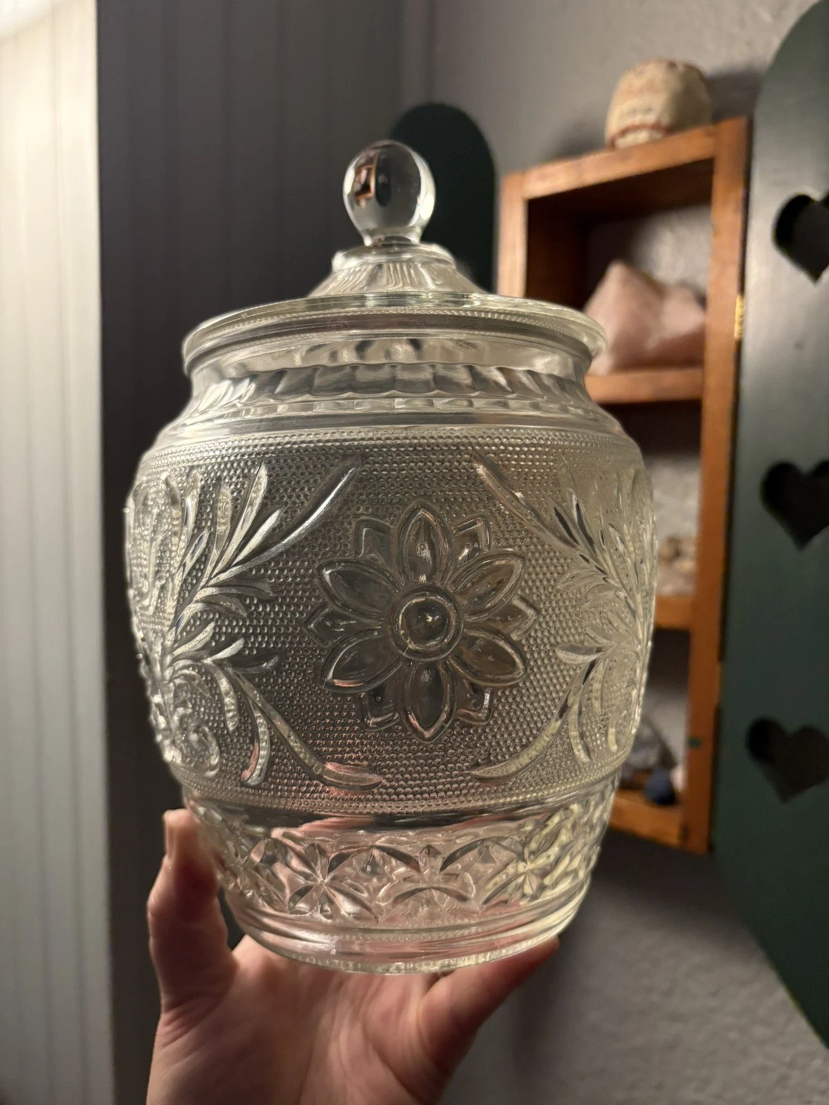 Vintage Anchor Hocking Sandwich Pattern Clear Glass Cookie Biscuit Jar w/Lid