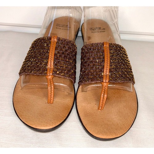 Womens ANDRE ASSOUS 163070 Brown / Gold Fabric / Leather Slides sz. 36 - Picture 3 of 9
