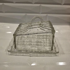 Vintage Art Deco Pressed Glass Cubic Covered Cheese Wedge Butter Dish Lid