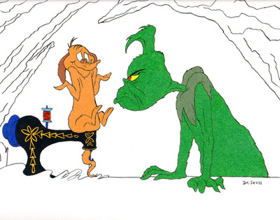 Dr. Seuss Drawing GRINCH & MAX ~Sewing In Cave~ Original Signed Art   