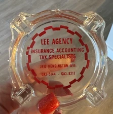 Vtg Lee Agency Insurance Tax Glass Ashtray Richmond VA Kensington Ave