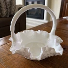 Vintage Fenton Hobnail Milk Glass Ruffled Edges and Footed with Handle Basket