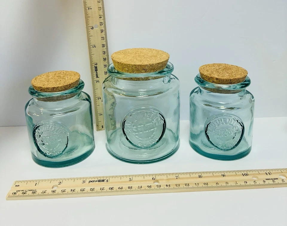 Glass Canister Set Of 3. Sam Miguel 100 % Recycled Glass Set With Cork Lids. - Image 3 of 4