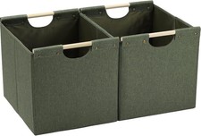 Large Collapsible Storage Bins Linen Fabric Pack of 2 Storage Baskets W/ Wooden