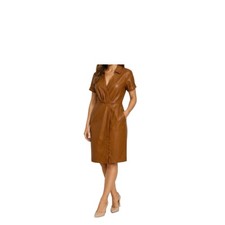 Nine West Dress Womens Size M Brown Faux Leather Wrap Short Sleeve Collar V Neck