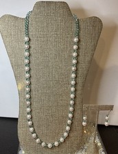 Handmade White Pearl & Lake Blue Czech Crystal Bead Necklace & 18k GP Earrings Q