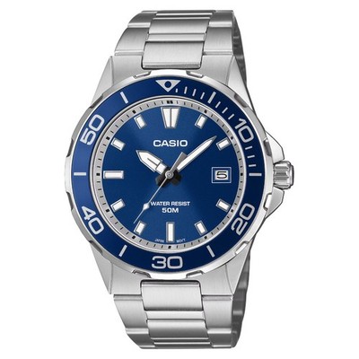 Casio Herrenuhr mit blauem Zifferblatt und silbernem Armband MTD-145D-2AVER